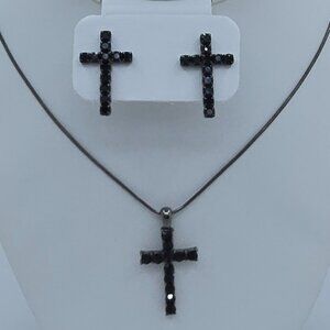 Black Onyx Crystal Cross Necklace and Earring Set - Gunmetal-tone Silver